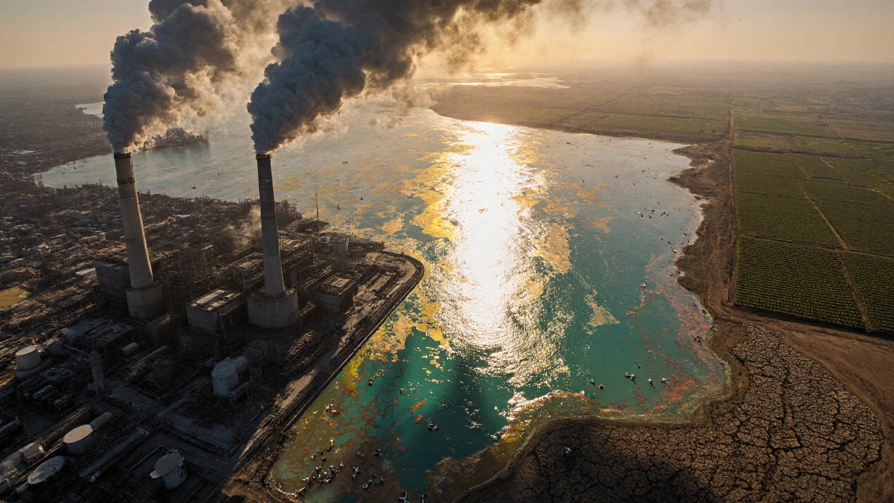 Aerial view of industrial pollution: smokestacks, oil spill, and cracked farmland with pesticide barrels.