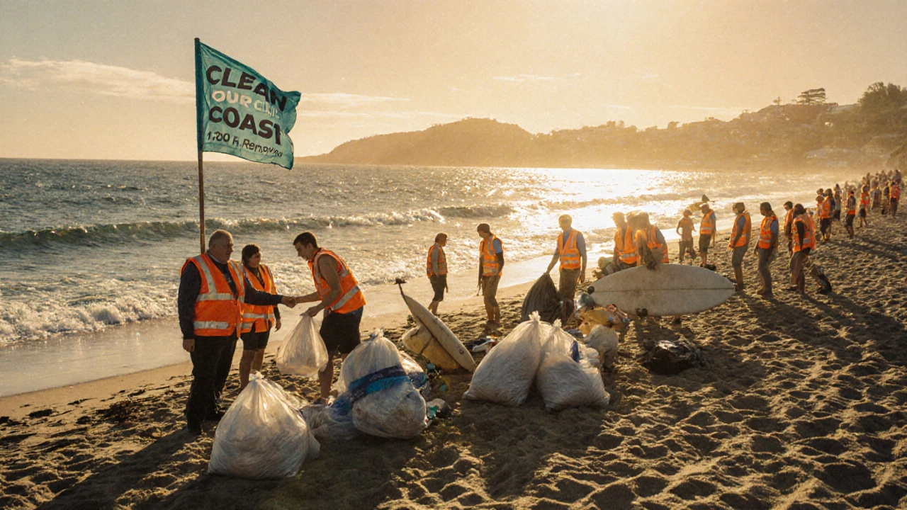 Beach cleanup scene with volunteers in orange vests collecting trash at sunrise in Wellington.