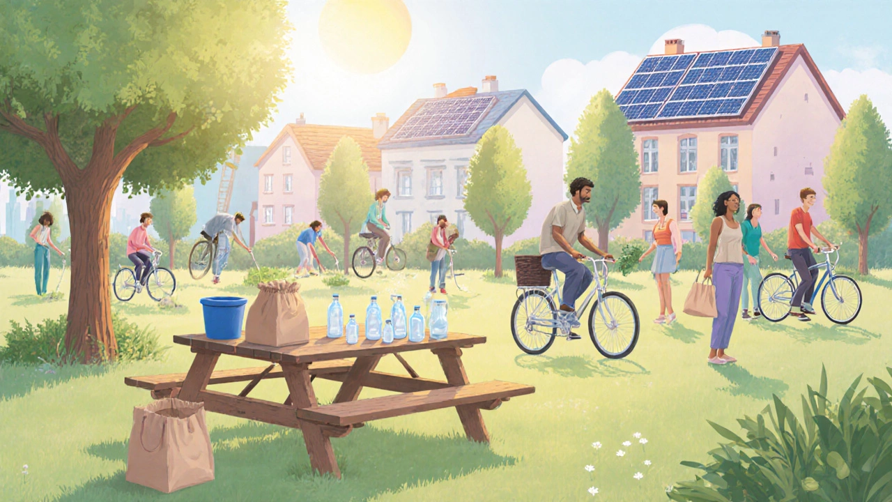 Community planting trees, biking, and installing solar panels in a sunny park, promoting sustainability.