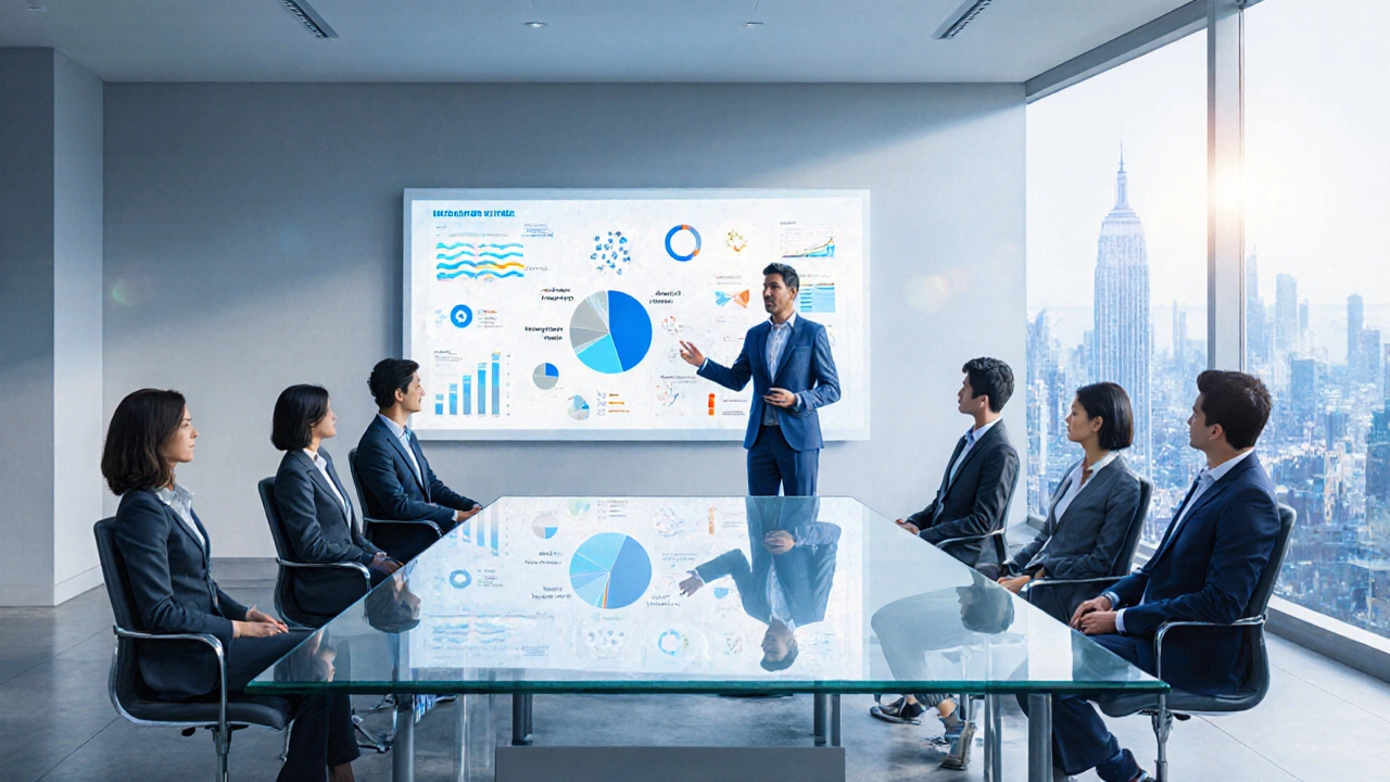 Corporate team discusses a community outreach plan in a modern conference room with large windows.
