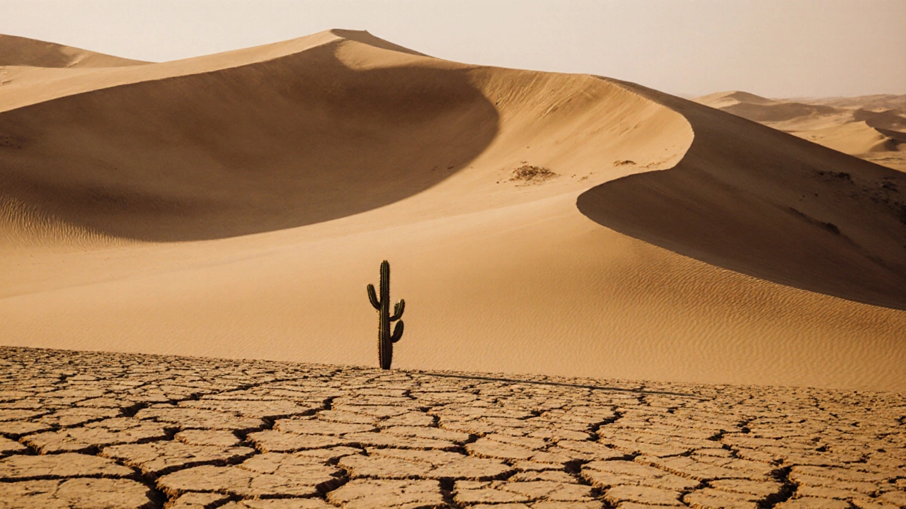 Desert landscape with sand dunes, cactus, and intense sunlight
