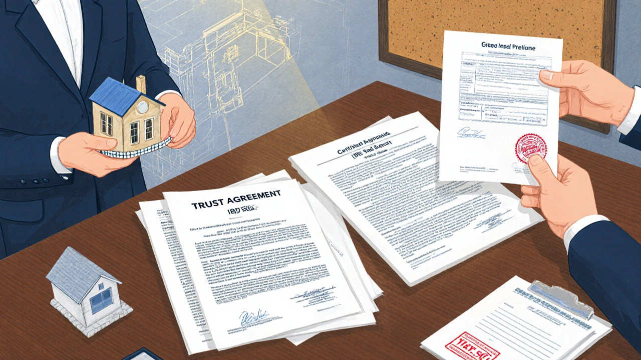 Desk scene with trust documents, appraisal report, deed and mortgage paper, illustrating CRT funding steps.