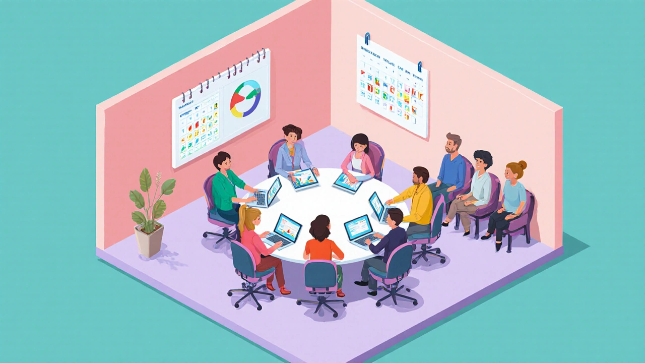 Diverse volunteers planning outreach around a table with a metric dashboard.