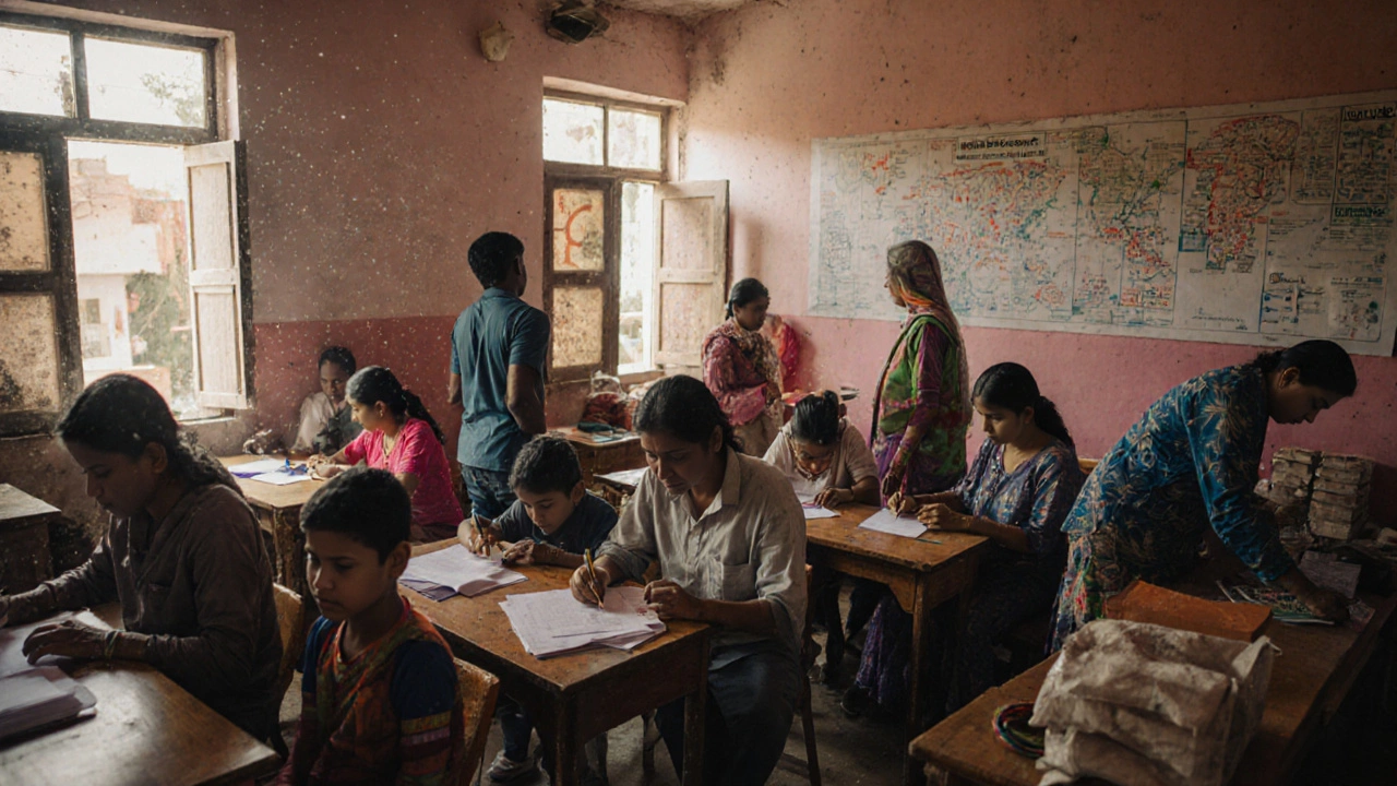 Diverse volunteers tutor children, assist seniors, and organize donations in a sunlit community center in India.
