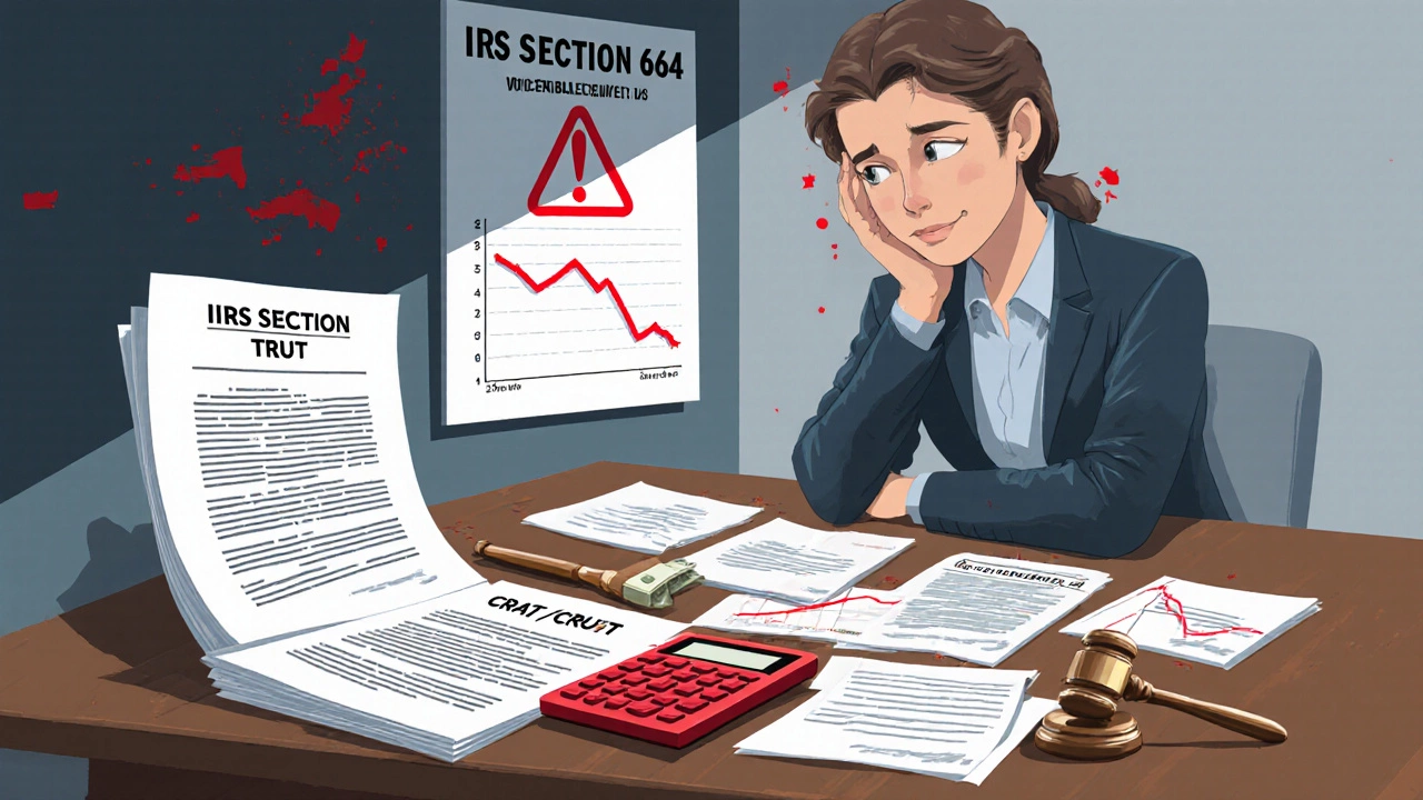 Donor surrounded by paperwork, calculator, falling graph, and IRS notice, looking worried.