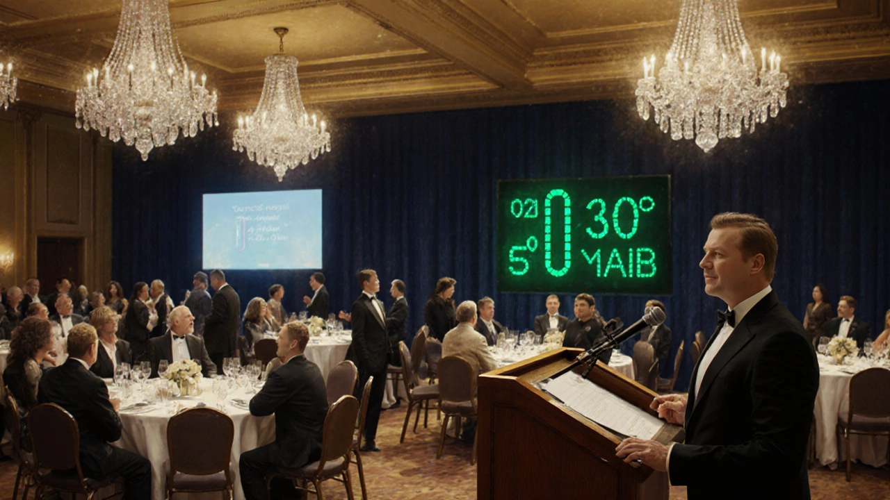 Elegant gala dinner with chandeliers, guests, and a fundraising thermometer.