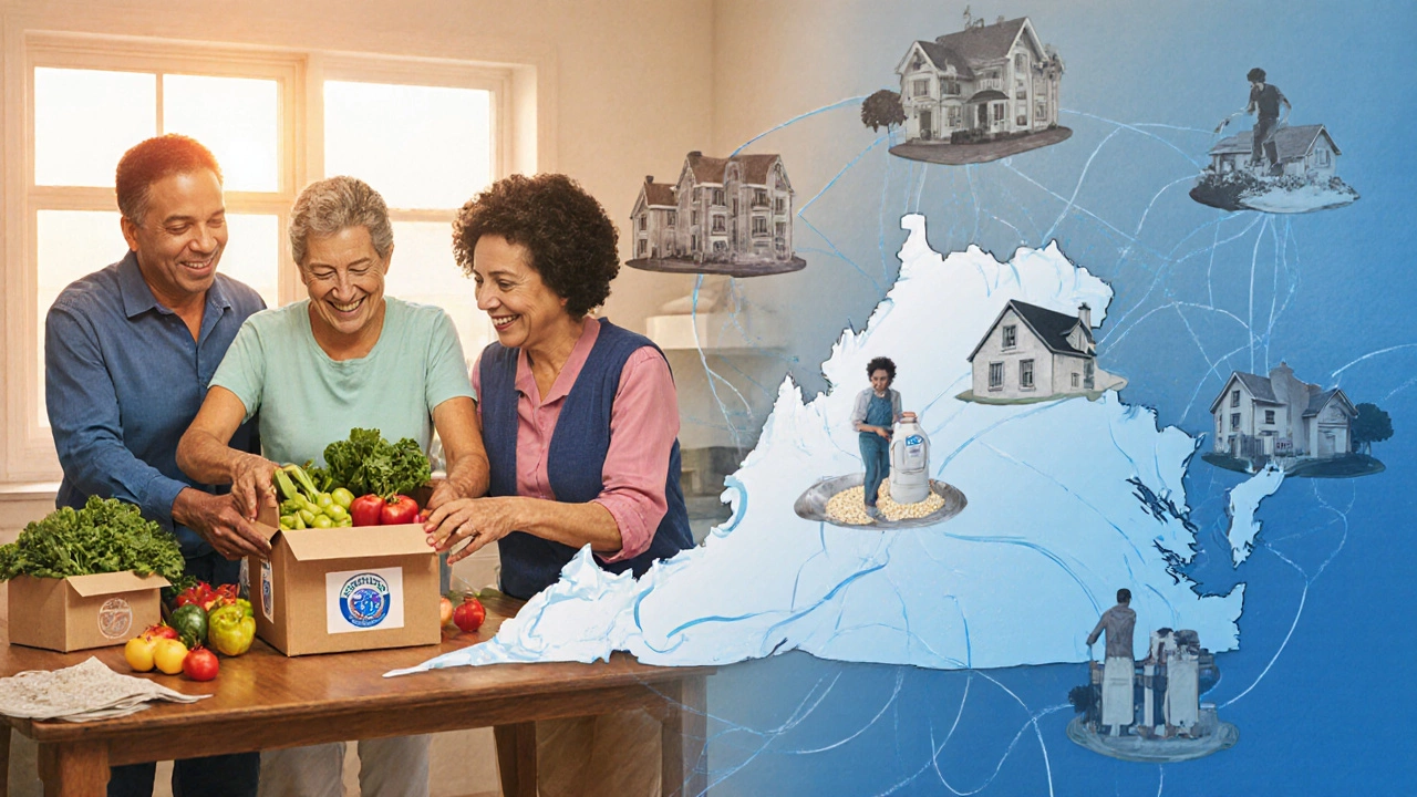 Families of different ages receive food boxes, illustrating statewide impact.