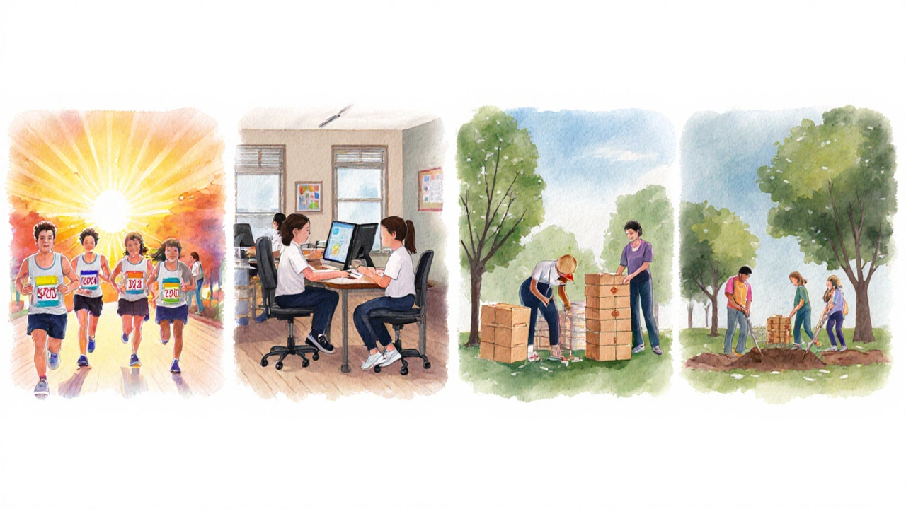 Four watercolor panels showing a charity run, coding club, food bank, and tree‑planting.