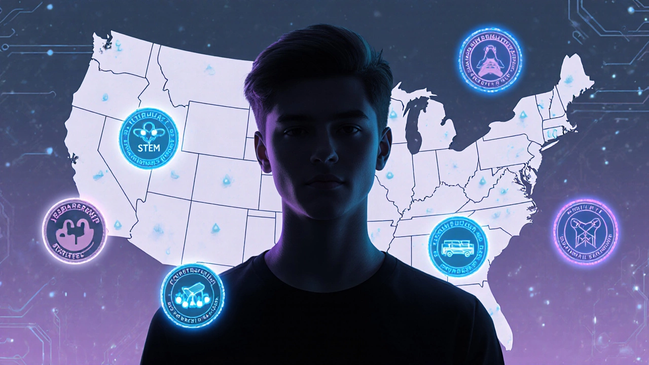 Futuristic holographic badges surrounding a teen silhouette against a map of organization locations.