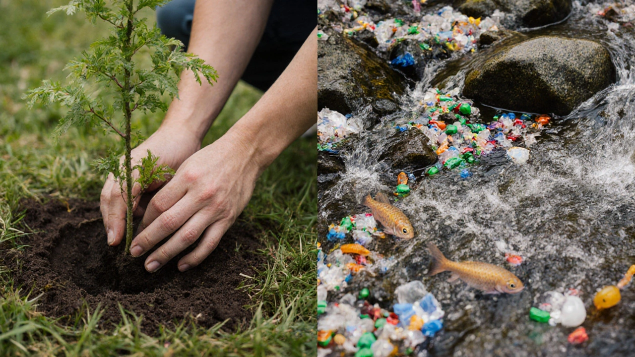 Hand planting a tree next to polluted water killing fish
