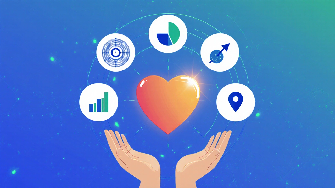 Hands lifting a heart surrounded by icons for mission, transparency, impact, scalability, geography, credibility.
