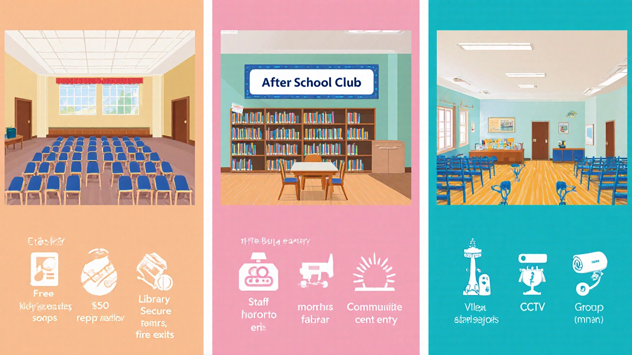 Illustrated comparison of three possible venues for a kids group.