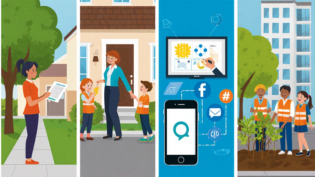 Illustrated four‑panel view showing community, educational, corporate, and digital outreach activities.