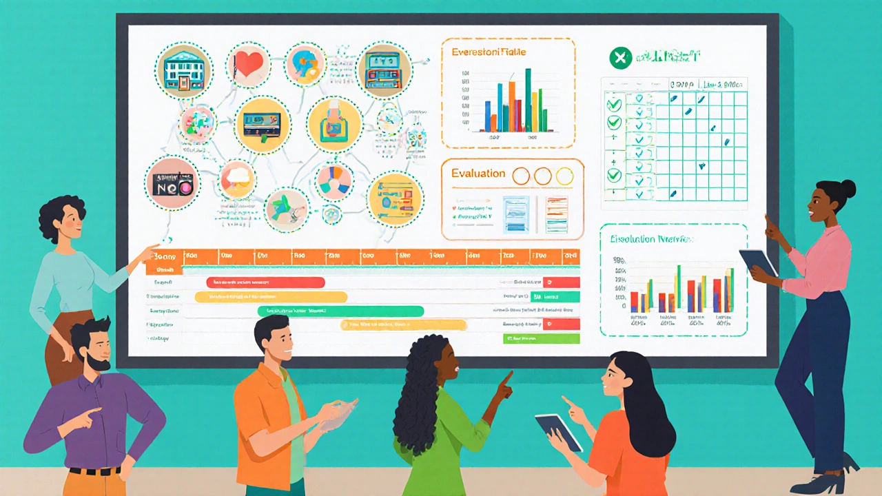 Illustrated project board with stakeholder icons, timeline, budget and evaluation charts surrounded by team members.
