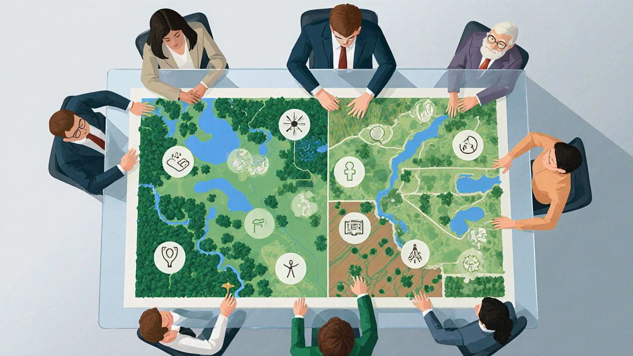 Illustration of planners and community members using a map with service icons to guide sustainable land‑use decisions.