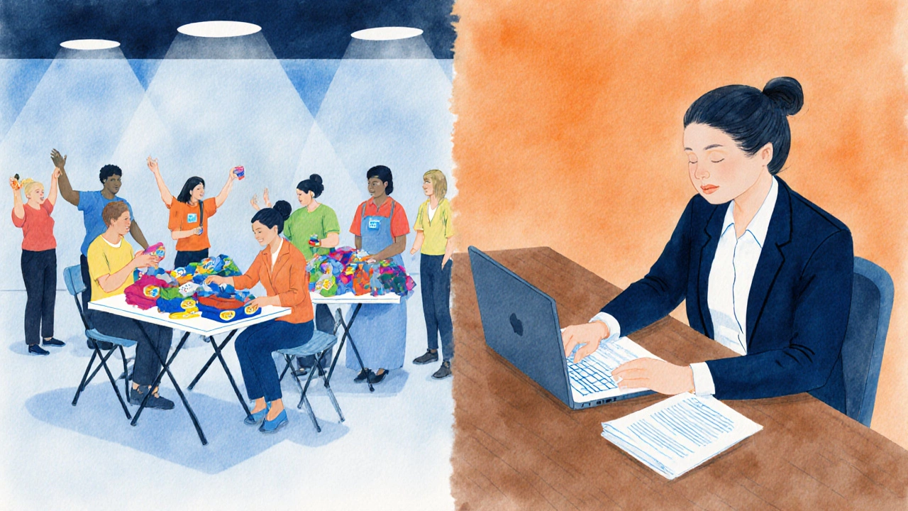 Illustration showing volunteers sorting donations and a manager reviewing paperwork.