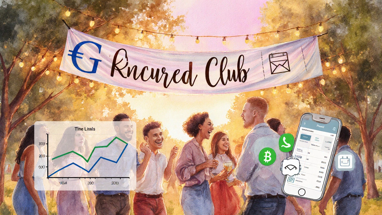 Members celebrating at a club event with banner and digital communication icons.