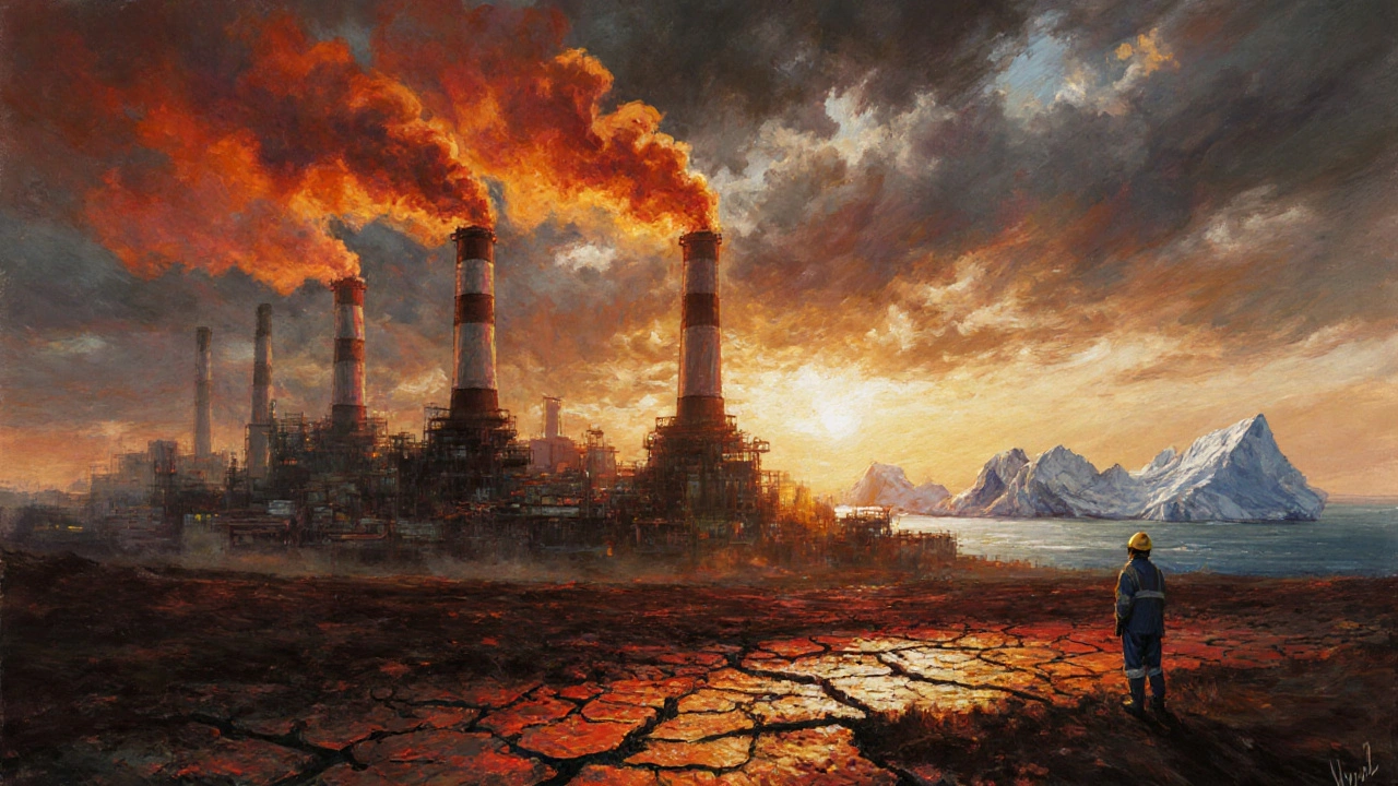 Oil painting of smoky factories, melting glaciers, and a figure observing climate impact at sunset.