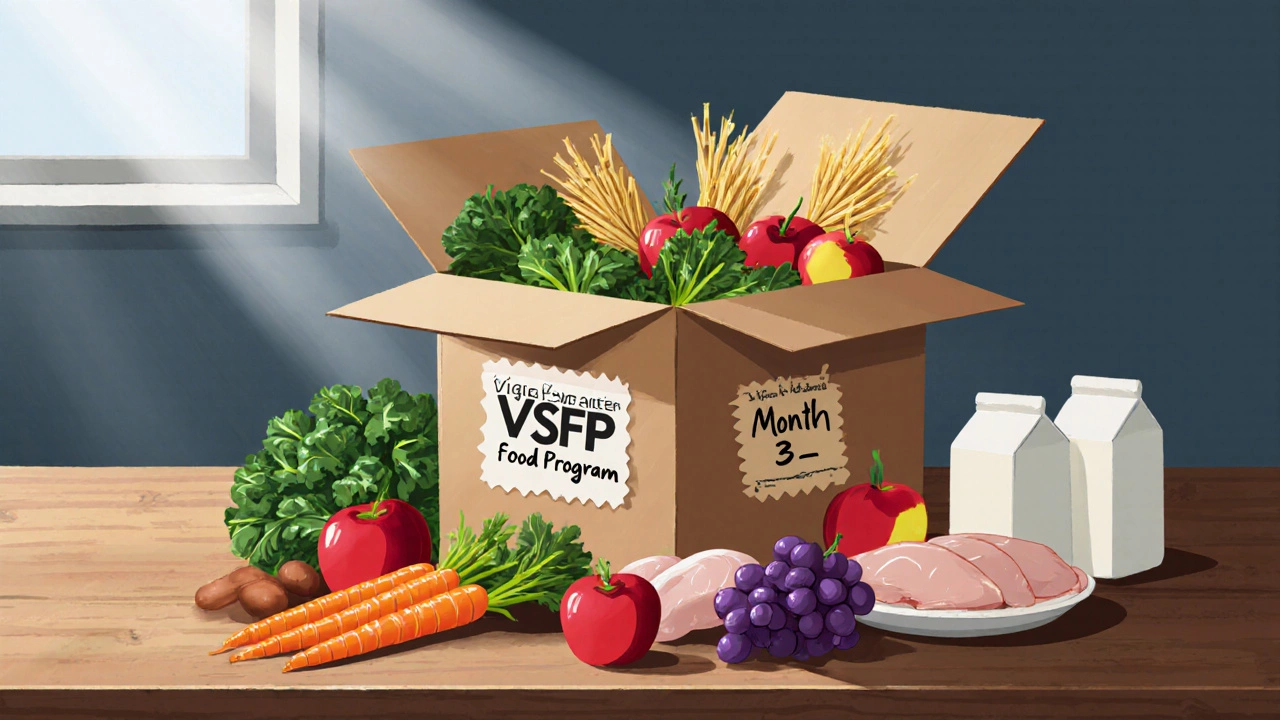 Open food box displaying fresh produce, grains, dairy, and protein on a kitchen table.