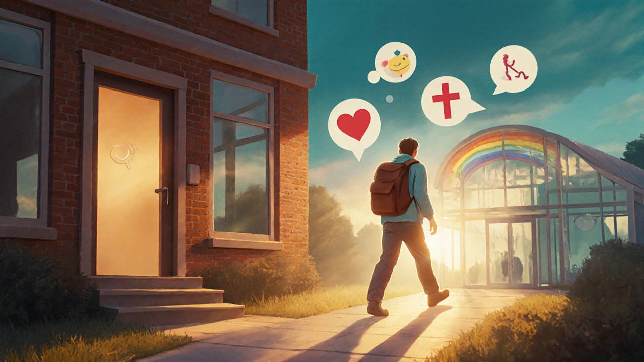 Person walks toward a glowing community center, with symbolic icons in the sky.