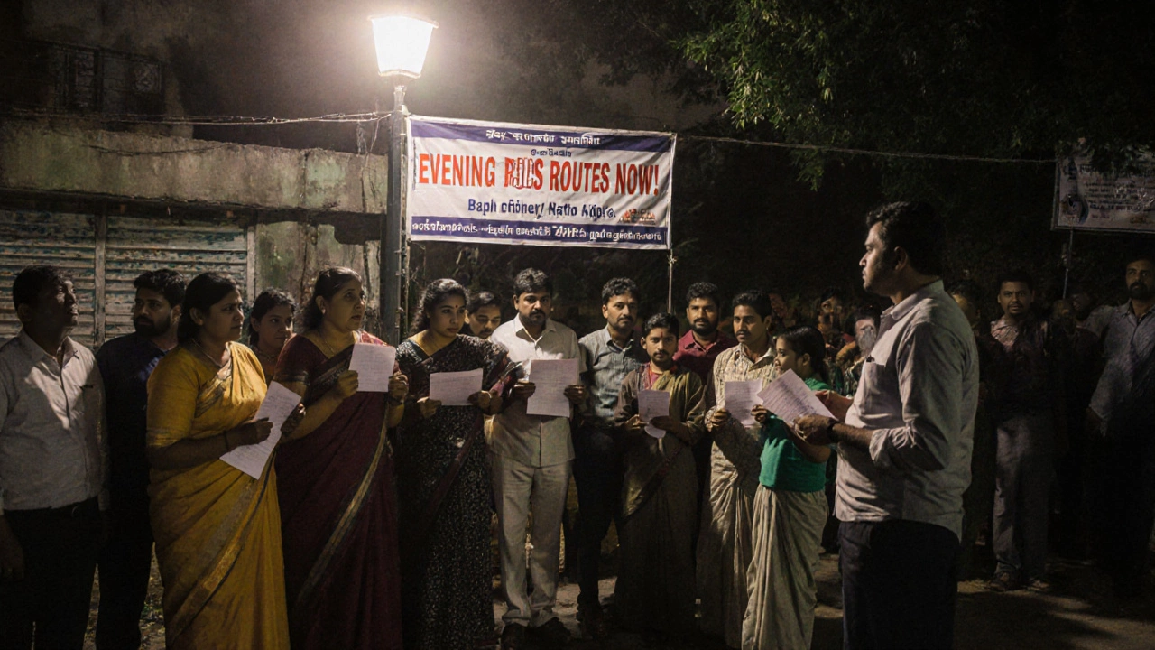 Residents advocate for evening bus routes with an outreach worker speaking to a city official under a streetlamp at night.