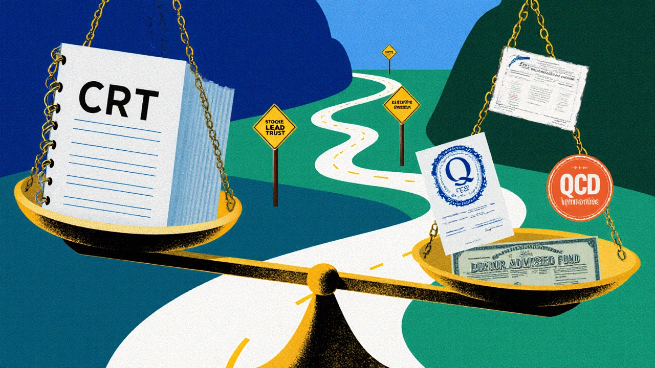 Scales comparing a Charitable Remainder Trust to alternative giving options, with advisors as guideposts.