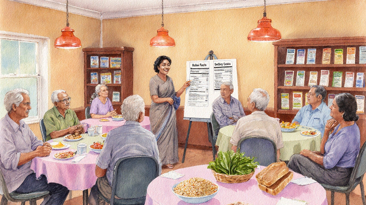 Senior nutrition workshop with diverse elders listening to a teacher in a warm community room.