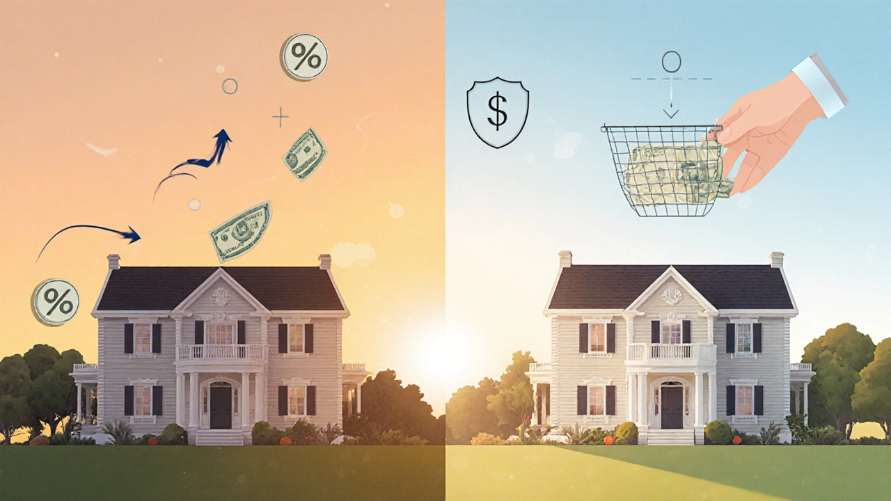 Side‑by‑side houses showing CRUT percentage payout vs. CRAT fixed payout, indicating donor choices.