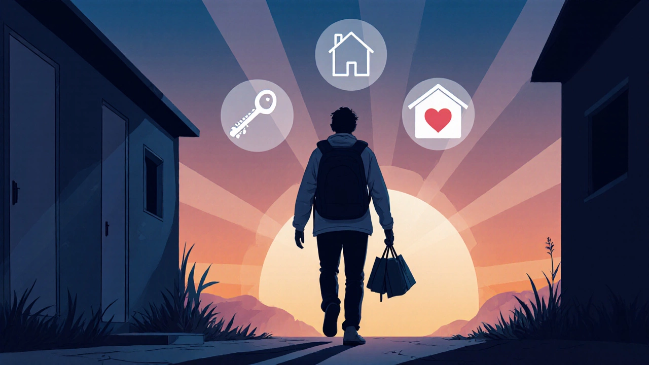 Silhouette walking away from a shelter at sunrise with floating icons of a key, house, and heart.