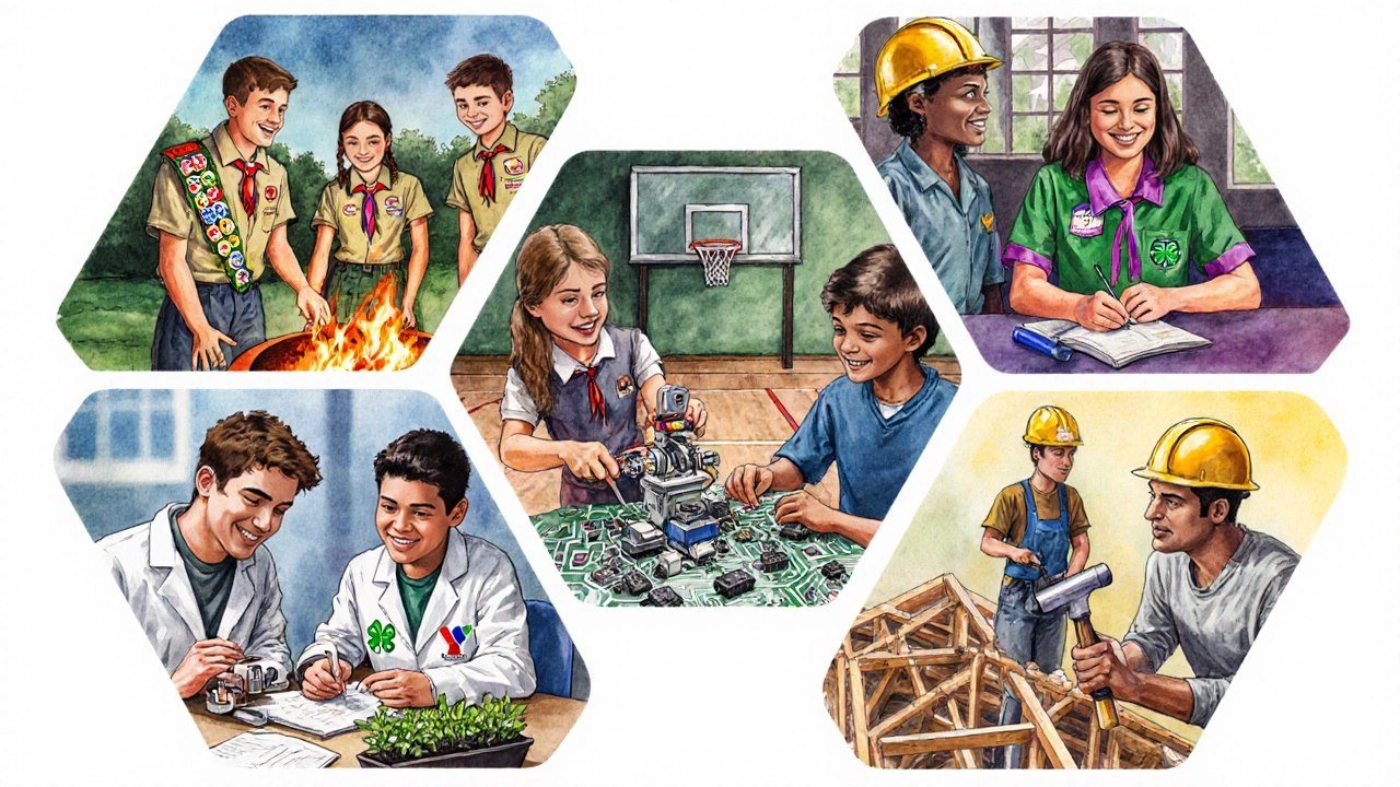 Six scenes showing scouting, robotics, sports, agriculture lab, mentorship, and construction activities.