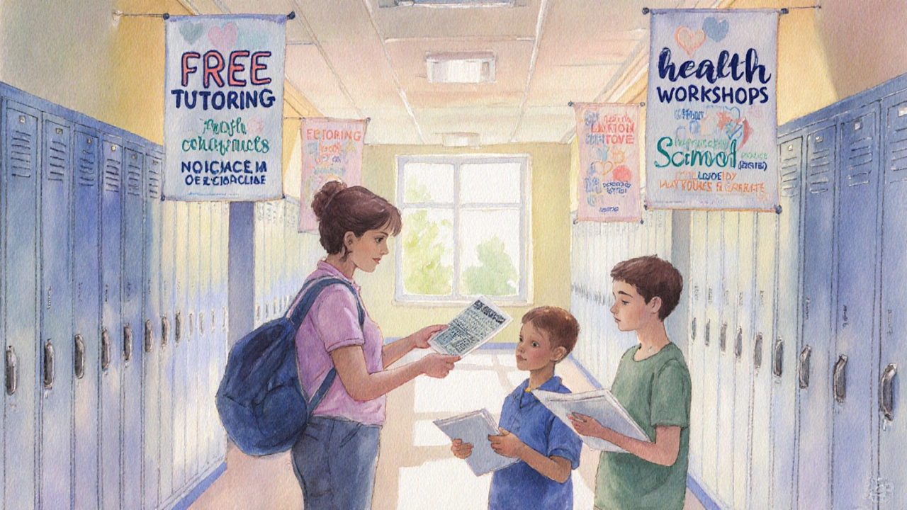 Students and teachers engage in school community outreach activities like tutoring and health workshops.