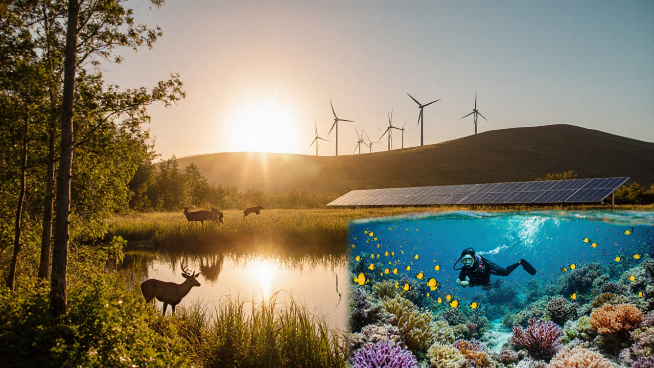 Sunrise scene of reforestation, coral reef restoration, and renewable energy installations against a melting glacier.
