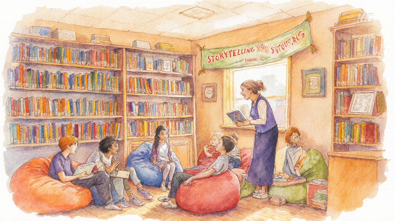 Teenagers listening to a librarian during a Storytelling Saturday event.