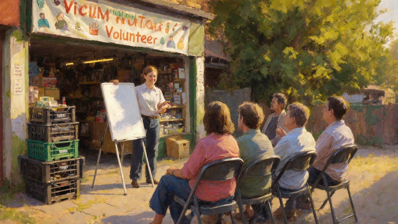 Volunteer coordinator leading a training session beside a small charity shop.