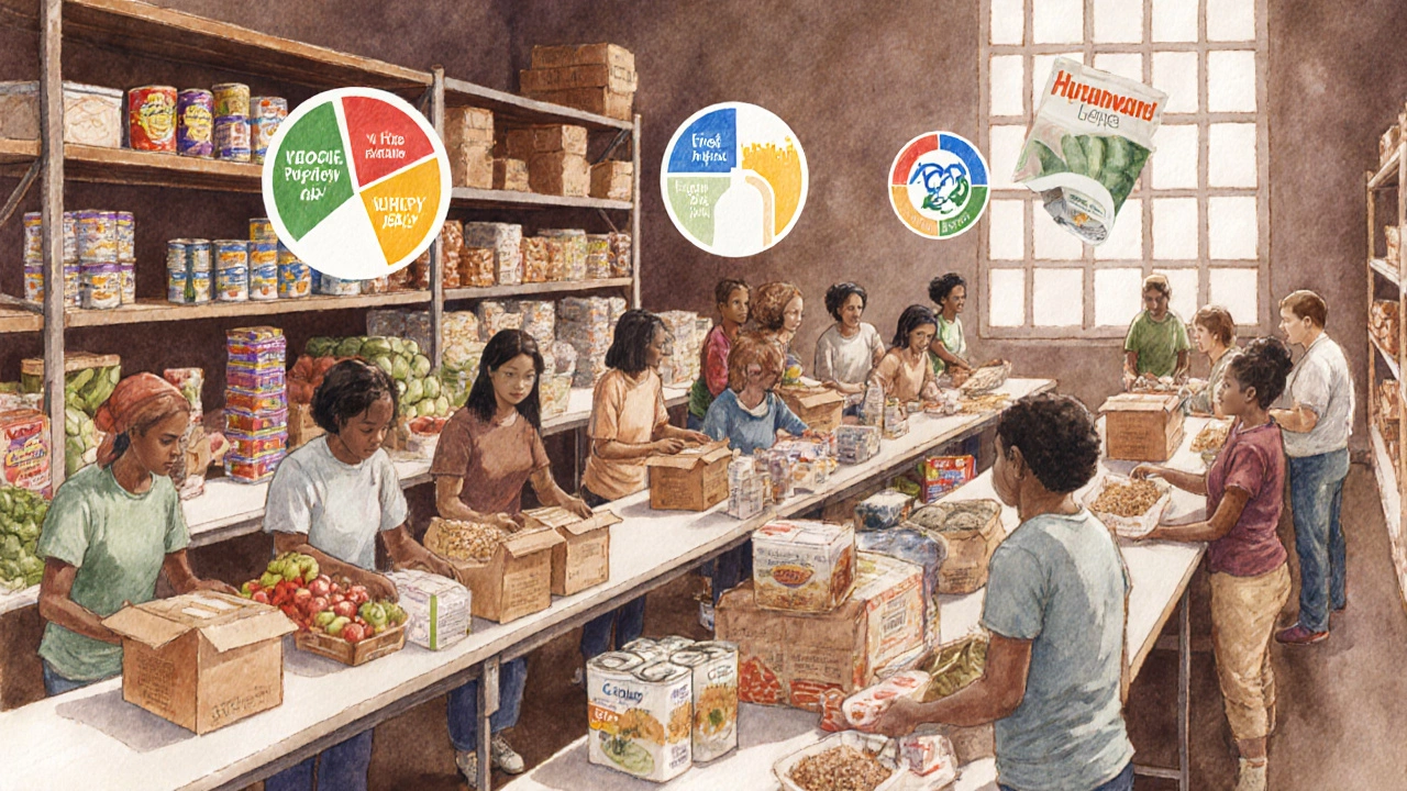Volunteers pack balanced food boxes inside a busy food bank.