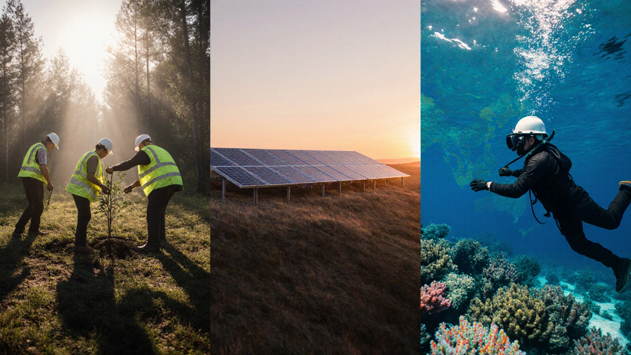 Volunteers planting trees, installing solar panels, and inspecting coral reefs representing top environmental charities.