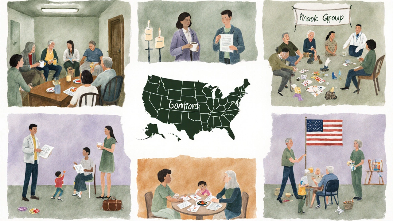 Watercolor collage shows six different support‑group settings around a map outline.