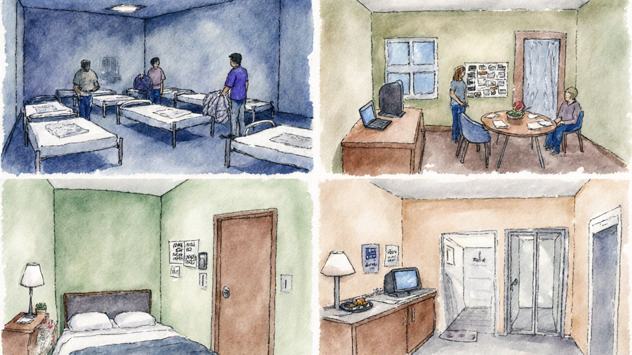 Watercolor panels showing night shelter, transitional housing, crisis hotel room, and drop‑in center.
