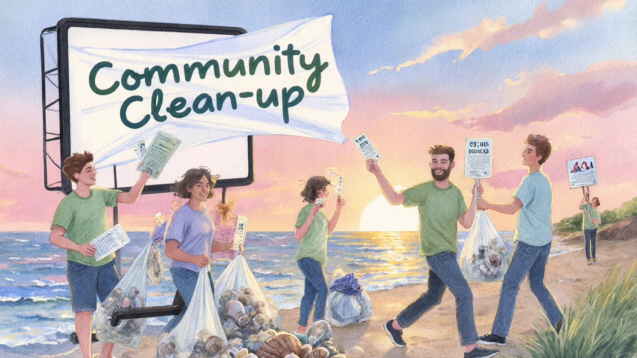 Watercolor scene of a lively community event with volunteers, banners and digital displays showing outreach metrics.