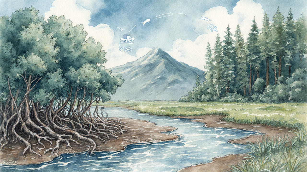 Watercolor scene of mangroves, wetlands, and mountain forest illustrating flood control, carbon storage, and water purification.