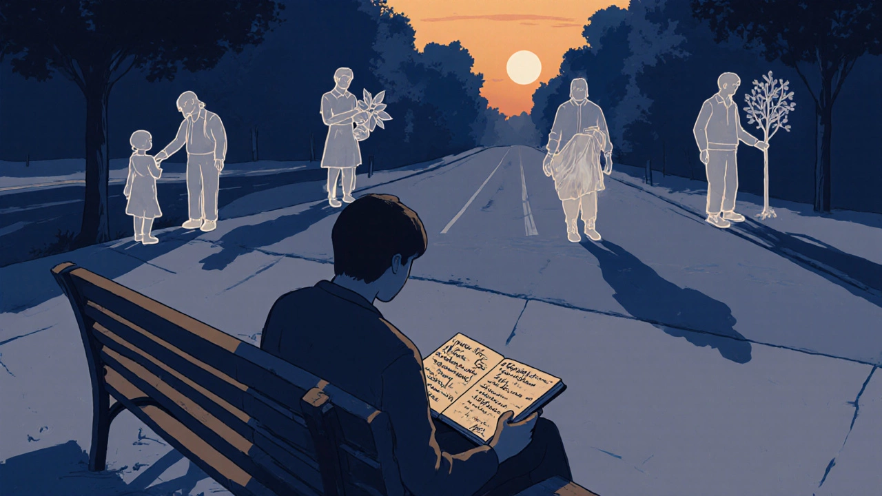 A person on a park bench at dusk, surrounded by ghostly memories of volunteer moments.