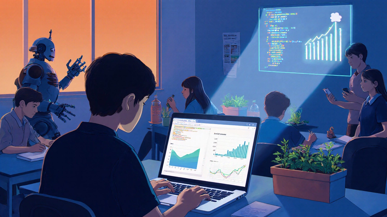 A quiet student coding while their project&#039;s data glows on a classroom wall, surrounded by peers working on creative projects.