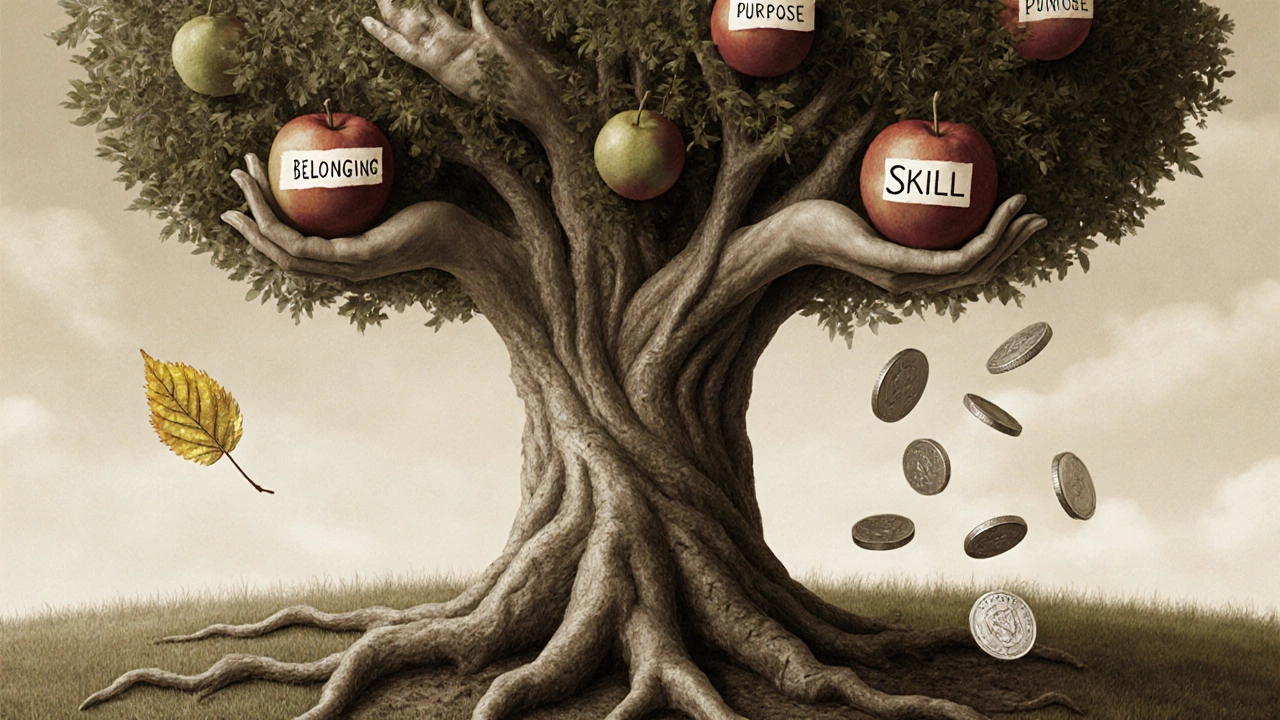 A symbolic tree with roots as hands, bearing values like belonging and purpose, coins falling away.