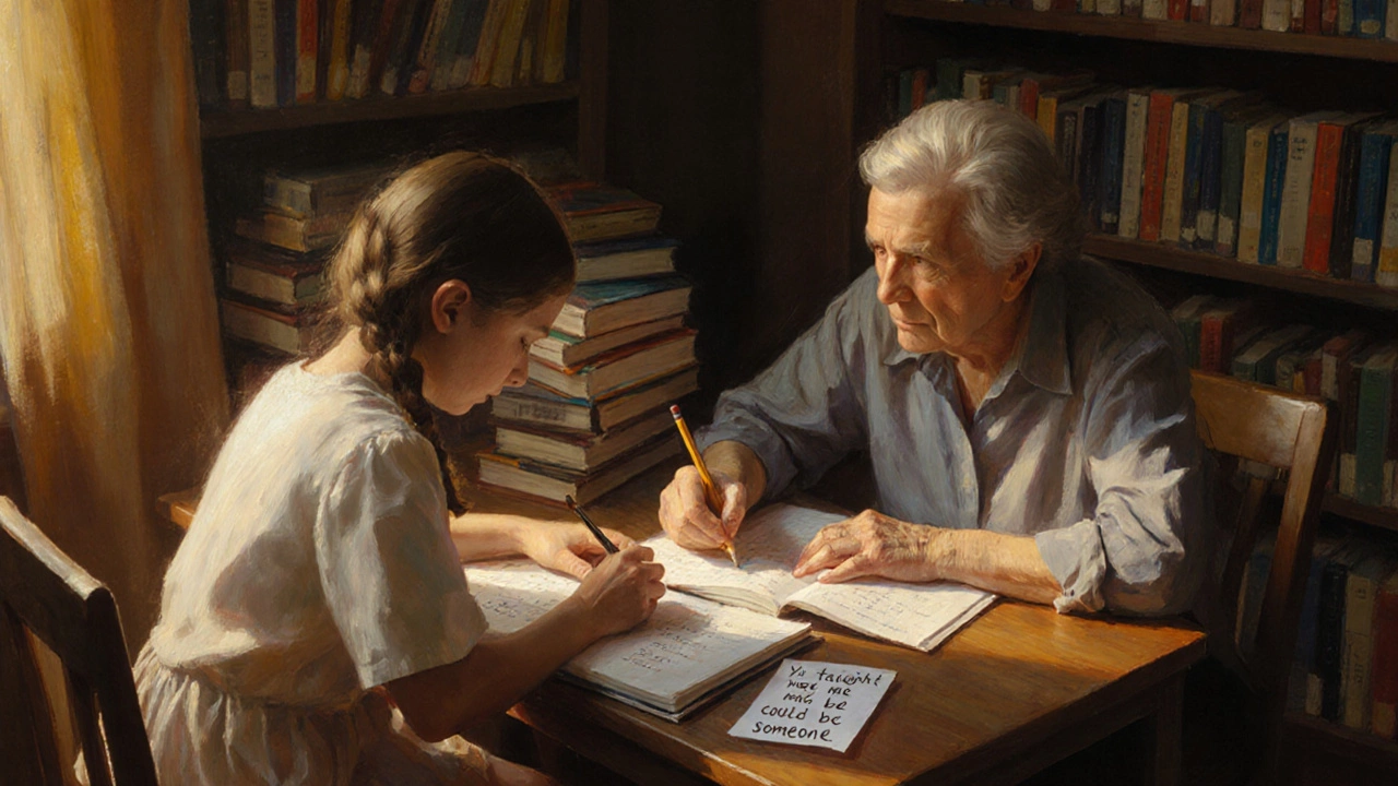 A teacher and student reading together in a library, sunlight on math books and a heartfelt note.