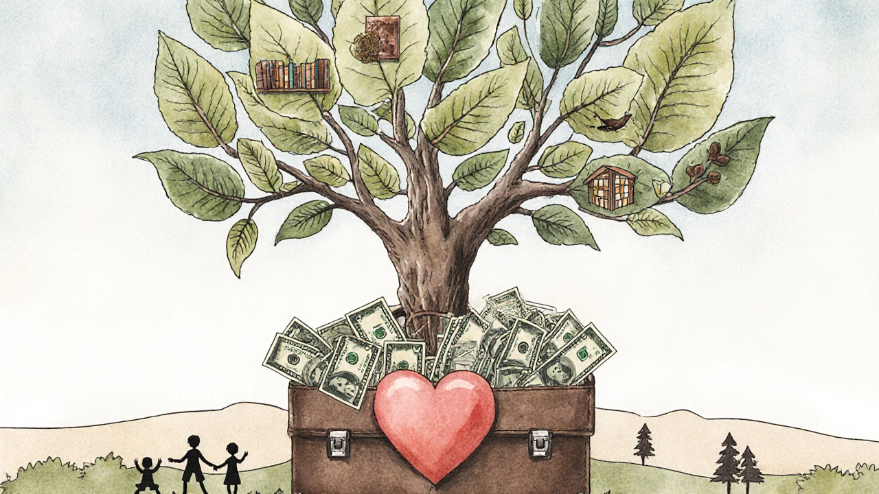 A tree growing from a briefcase, its branches forming symbols of education, art, and nature, representing charitable legacy.