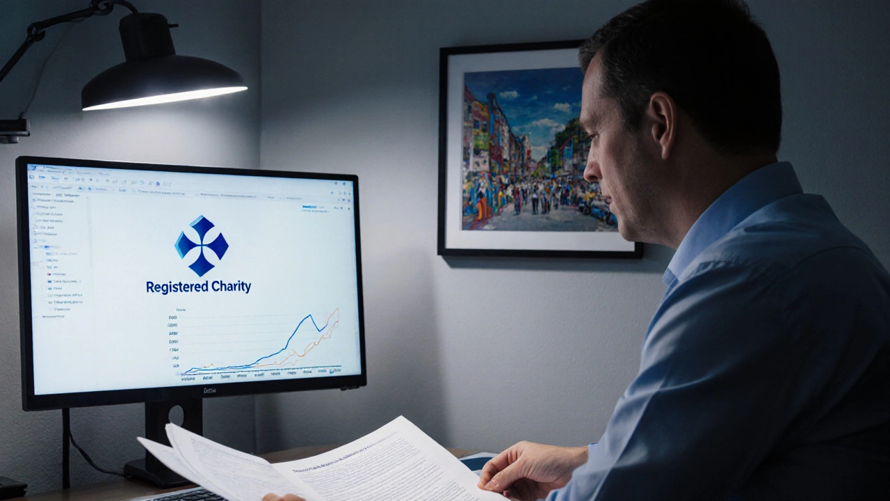 A trustee reviewing financial reports in a calm office, with a charity logo and mural photo in the background.