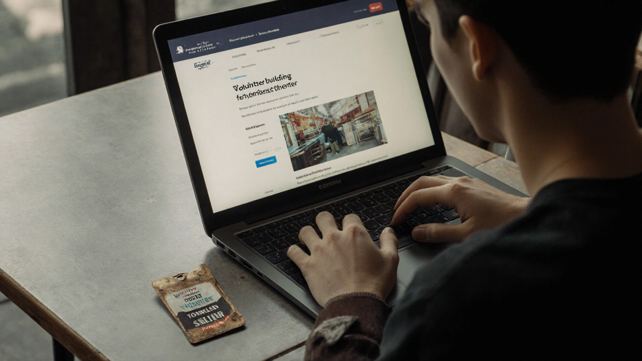 A young person building a website for a shelter, with a faded volunteer badge nearby, symbolizing modern skill-based helping.