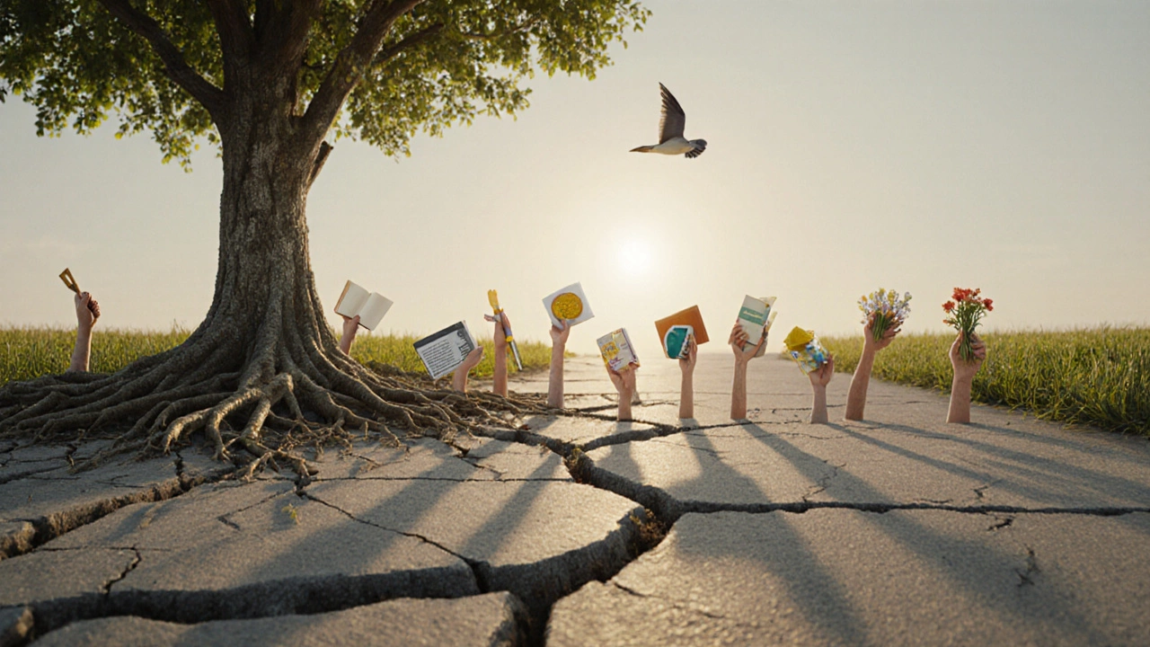 Cracked sidewalk with roots and tiny hands reaching up, symbolizing quiet acts of community repair.