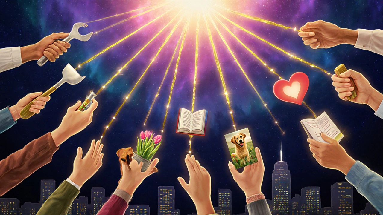 Golden threads connecting hands to small acts of impact—garden, dog, child reading, warm meal.