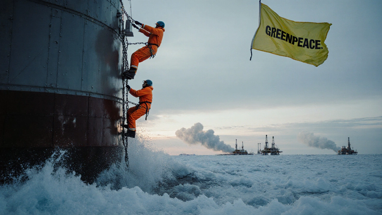 Greenpeace activists chained to an Arctic oil rig during a protest.